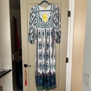 Farm Rio White Maxi Dress with Teal and Green Floral Border
